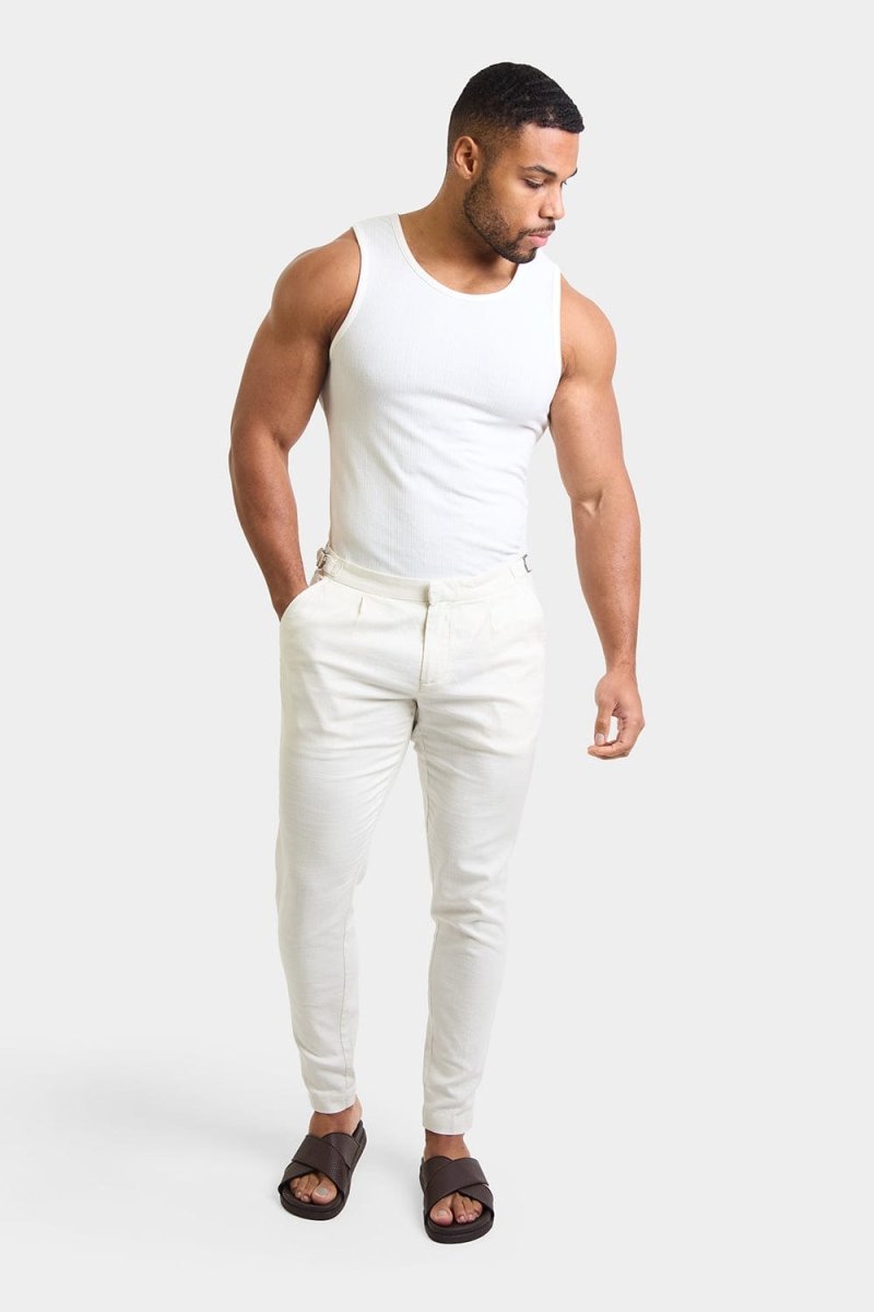 Linen Blend Cropped Pleated Pants in Chalk - TAILORED ATHLETE - USA