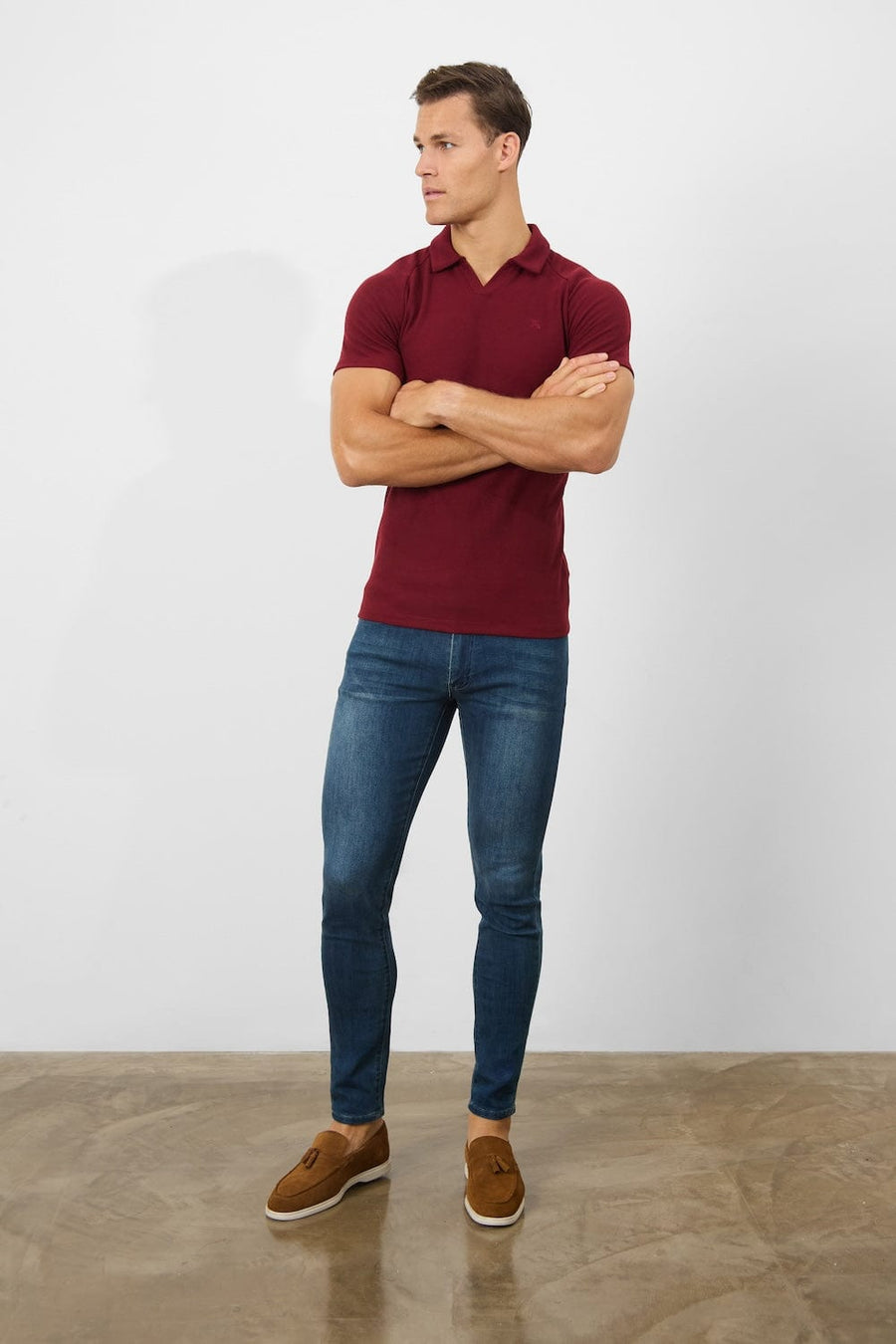 Textured Open Collar Polo Shirt in Claret - TAILORED ATHLETE - USA