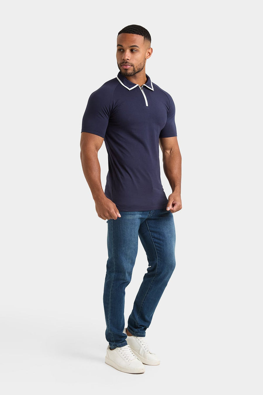 Tipped Zip Neck Polo Shirt in Navy - TAILORED ATHLETE - USA